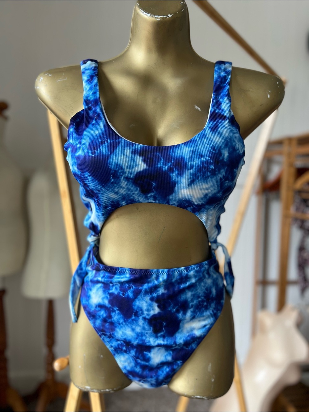 Blue Tie-Dye Cutout Swimsuit